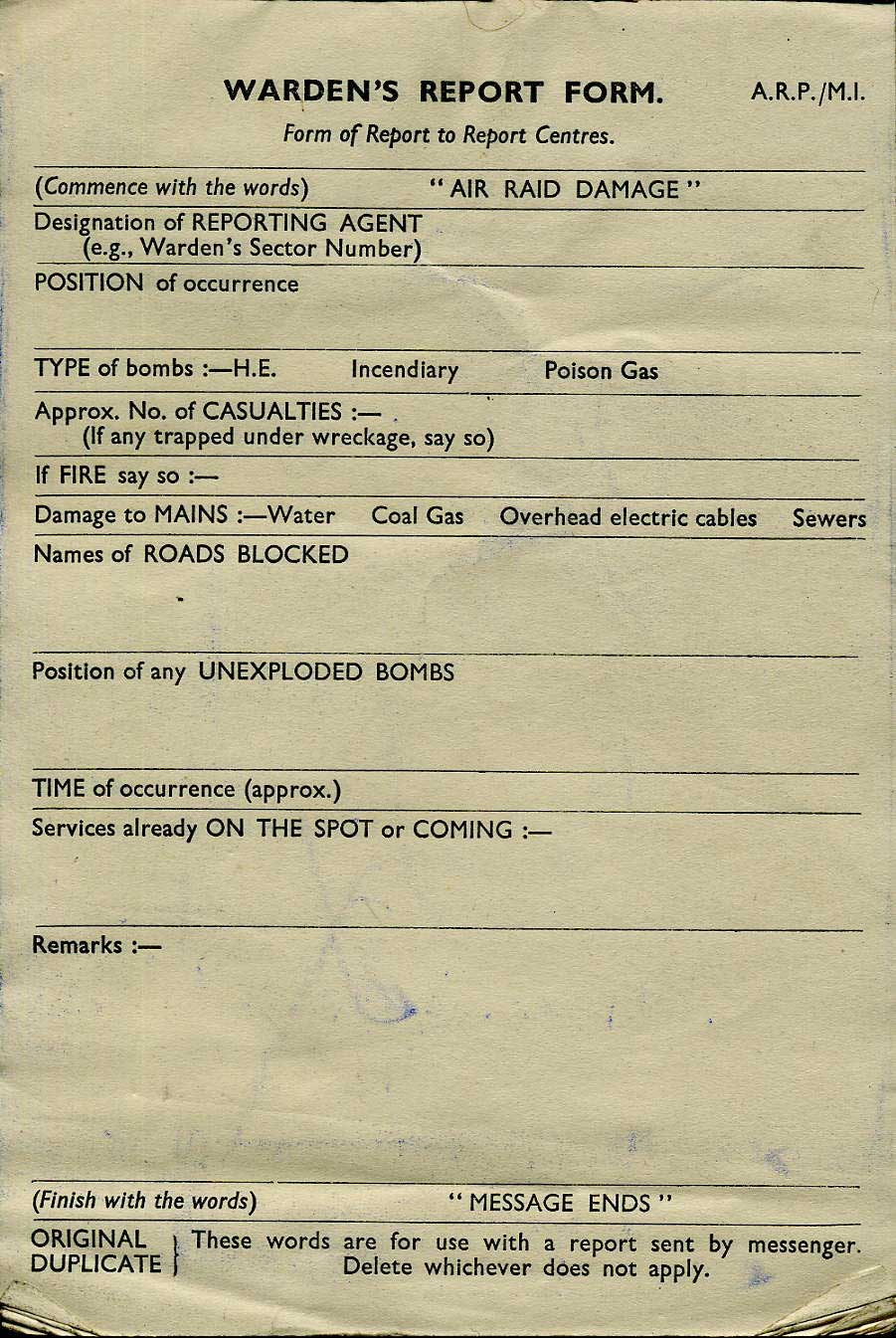 a pad of ARP M1 Wardens Message Form