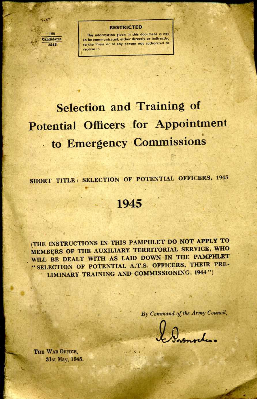 Selection and Training of Potential Officers for Appointment to Emergency Commissions 1945