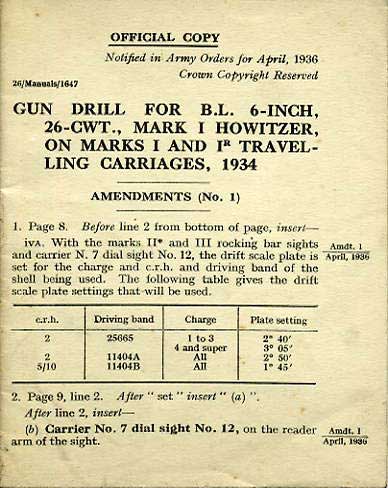Amendment No1 for Gun Drill for BL 6" Howitzer 1934 £3.50